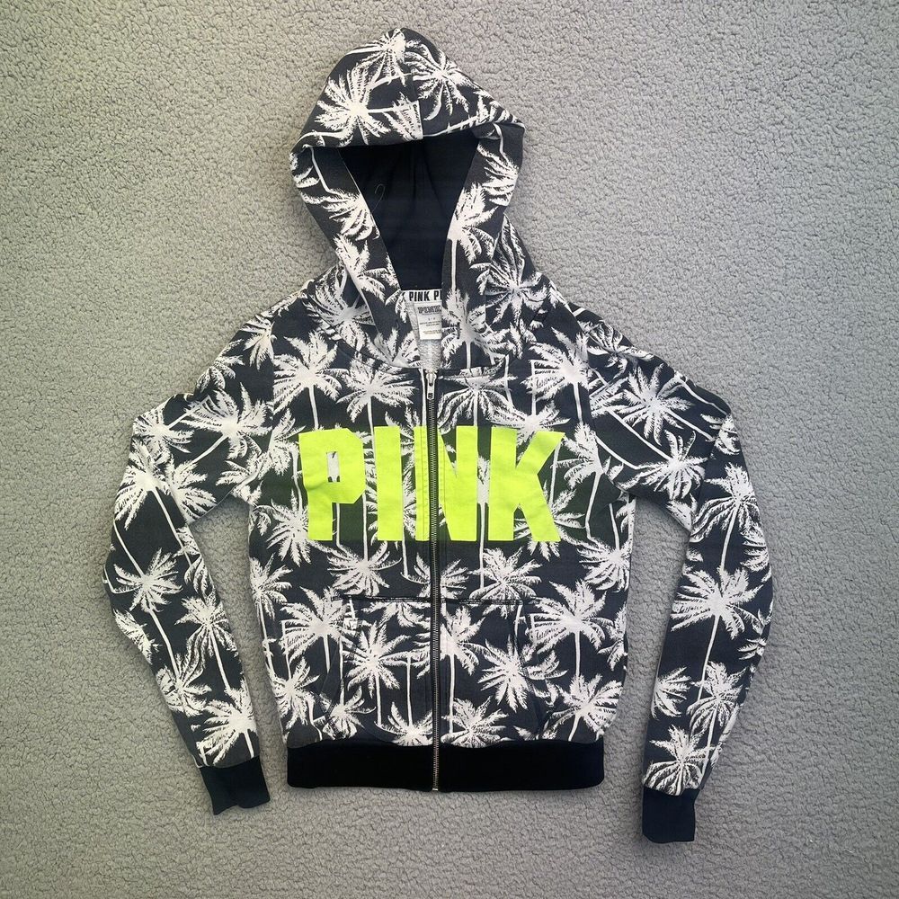 Victoria's Secret Pink Women's Black White Zip Up Hoodie S/P  Palm Tree Print‎